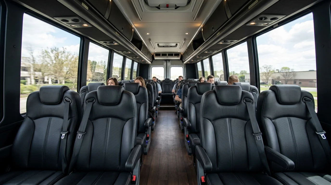 20-passenger executive minibus cabin interior with forward-facing high-back leather commuter seating and wide aisle