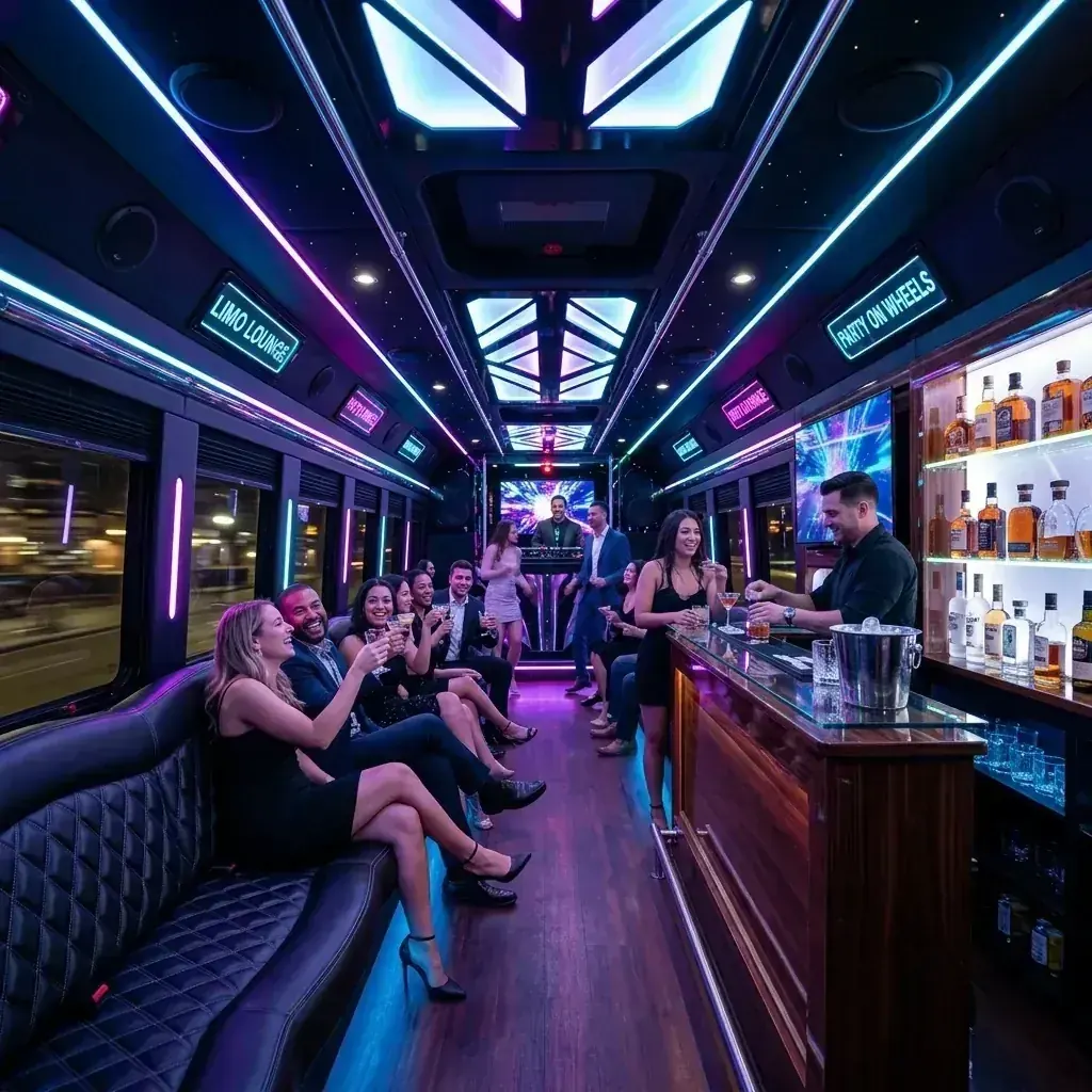 Interior seating in a 20 passenger party bus with ambient lighting
