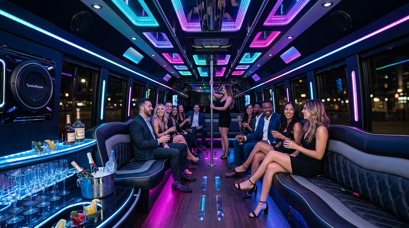 28-passenger party bus VIP lounge cabin with multi-color RGB ambient lighting, dance floor pole, and champagne bar