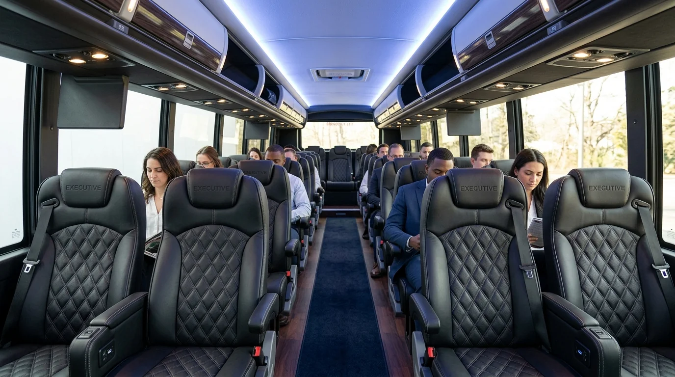 30-passenger executive shuttle coach cabin interior with black diamond-quilted leather recliners and wide center aisle