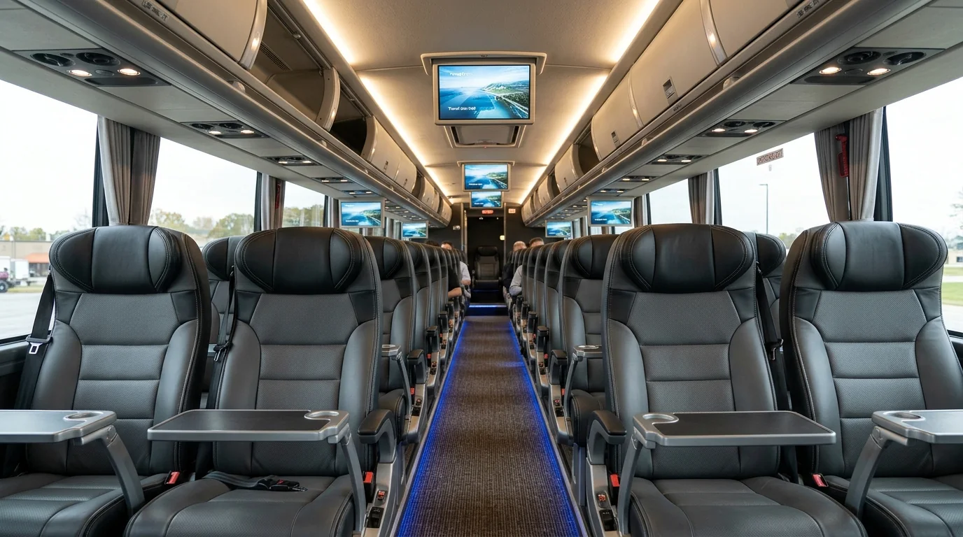 56-passenger Prevost luxury highway motor coach interior featuring high-back reclining leather seats, individual reading lights, overhead video screens, and center aisle