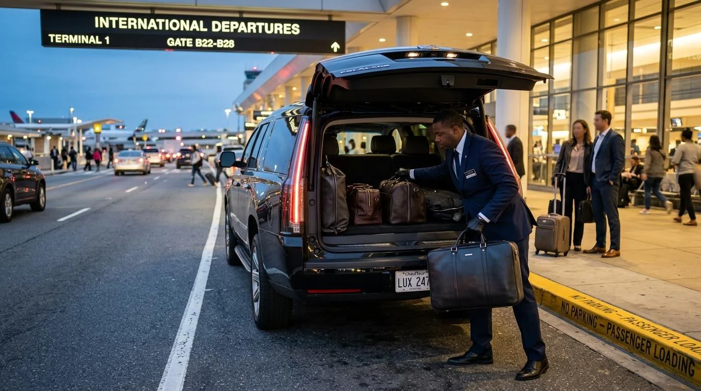 Chauffeur loading luggage into a luxury black car SUV at the airport curb