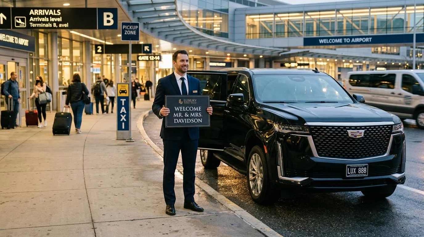 Luxury black car service picking up passengers at airport curb