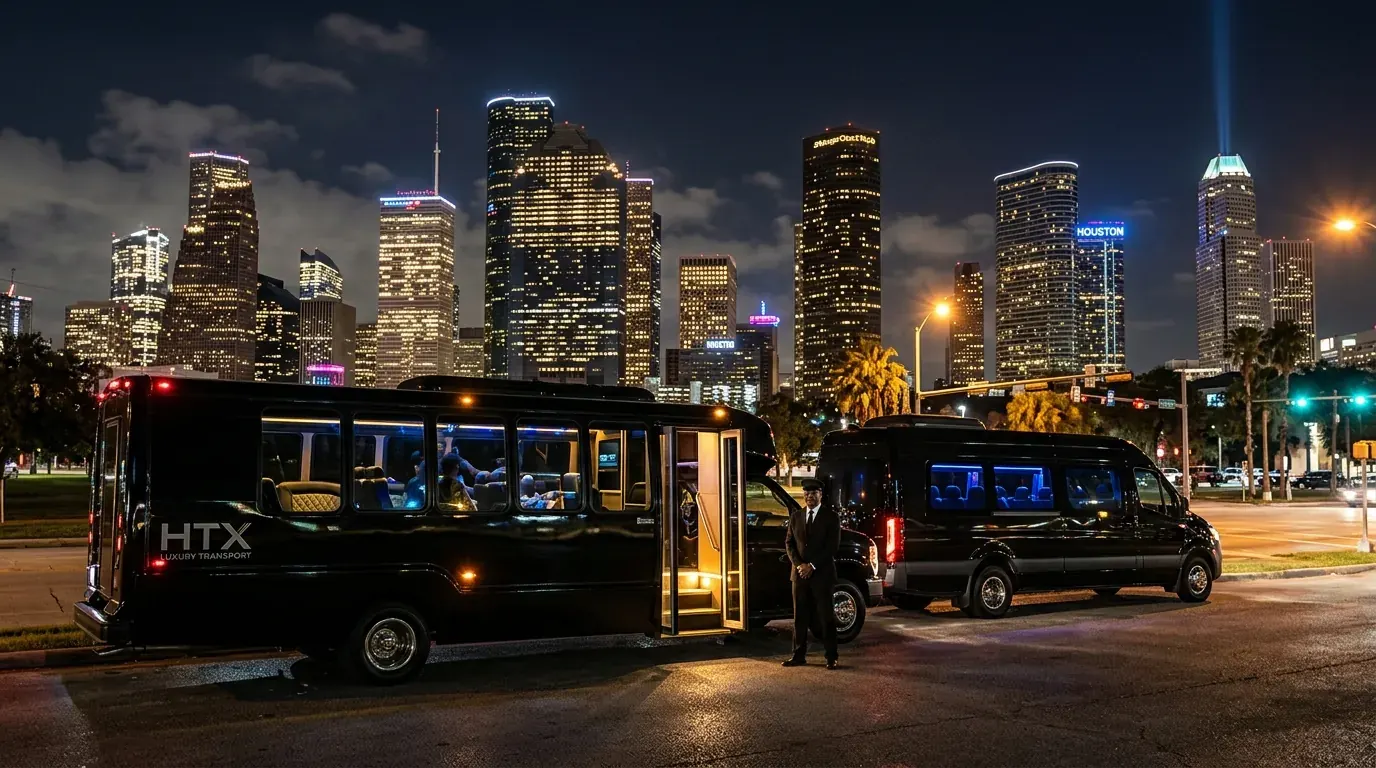 Adult birthday group with a chauffeured party bus in an entertainment district
