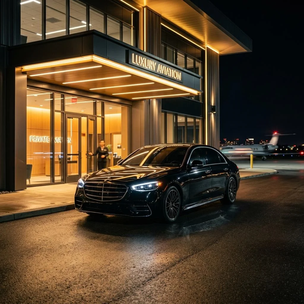 Luxury black sedan parked in front of airport terminal