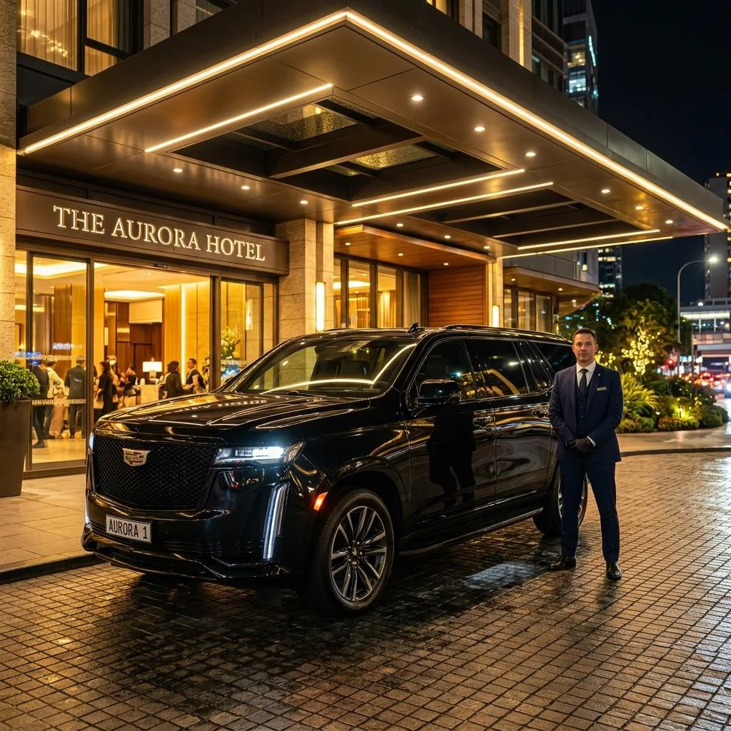 Sleek Cadillac Escalade black SUV parked in front of high-end hotel
