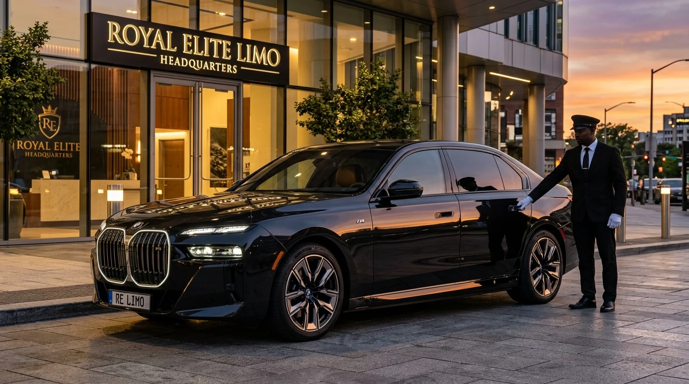 BMW 7 Series flagship executive sedan with illuminated kidney grille outside Royal Elite headquarters
