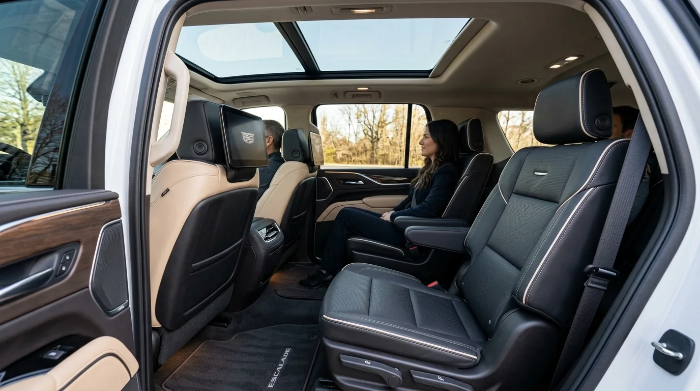 Cadillac Escalade ESV interior cabin featuring heated and ventilated leather captain chairs, AKG studio audio, and dual entertainment displays