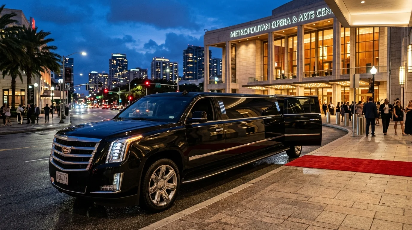 Cadillac Escalade super-stretch SUV limousine exterior in tuxedo black with red carpet rollout