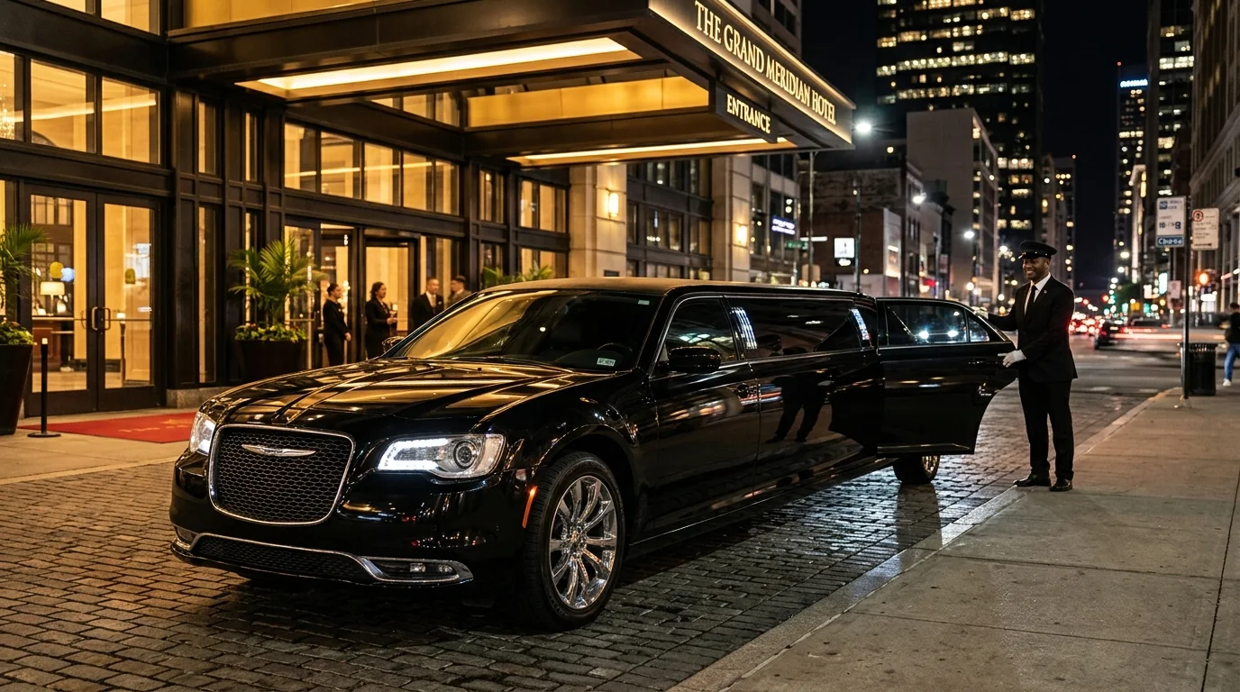 Extended Chrysler 300 super-stretch limousine exterior with chrome mesh grille