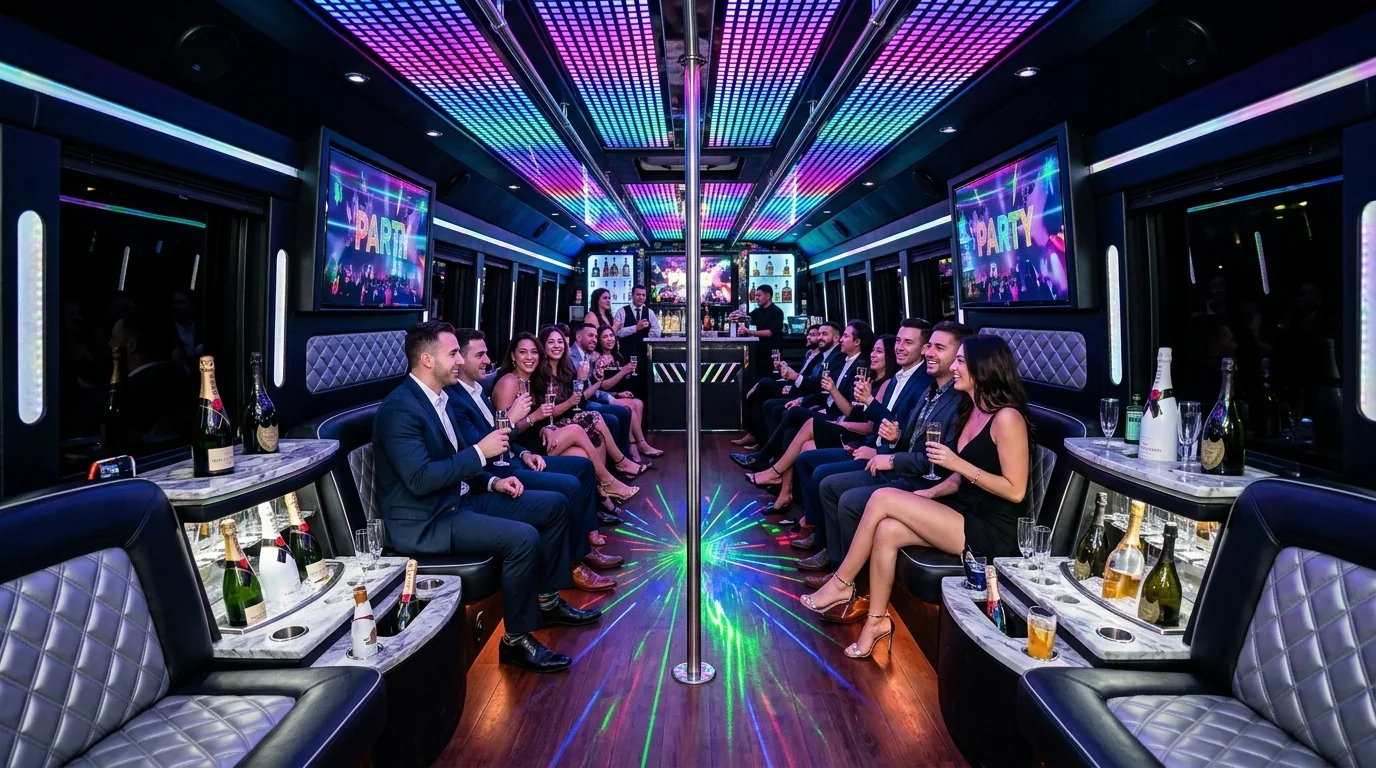 35-passenger party bus luxury interior lounge with dance poles and concert acoustic arrays