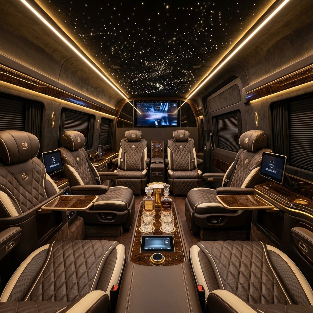 Luxury Sprinter Van interior with captain chairs and lights