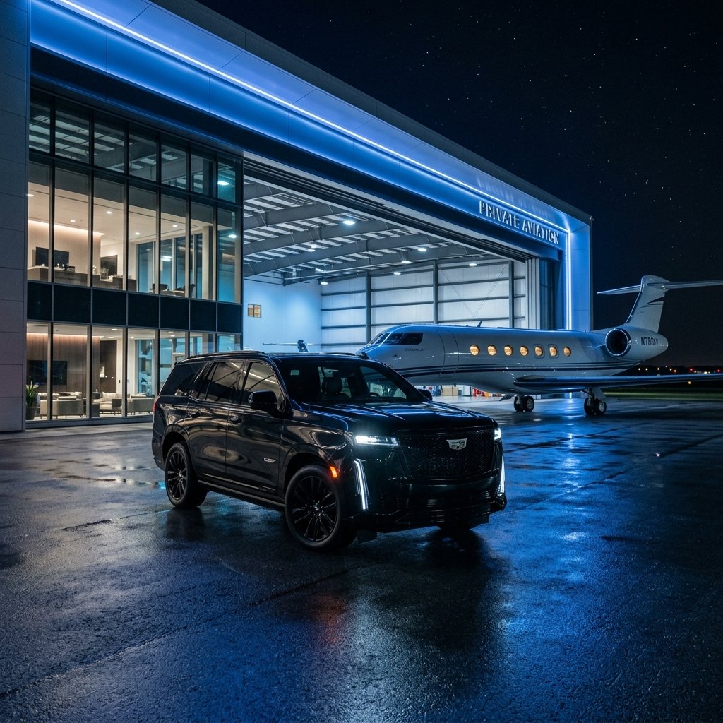 Royal Elite Limo black Cadillac Escalade parked near private jet