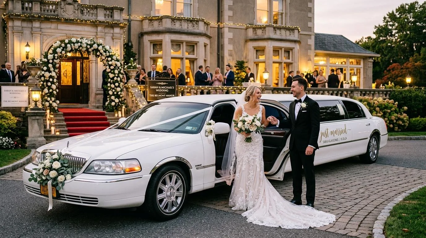 Bride and groom arriving in luxury wedding transportation