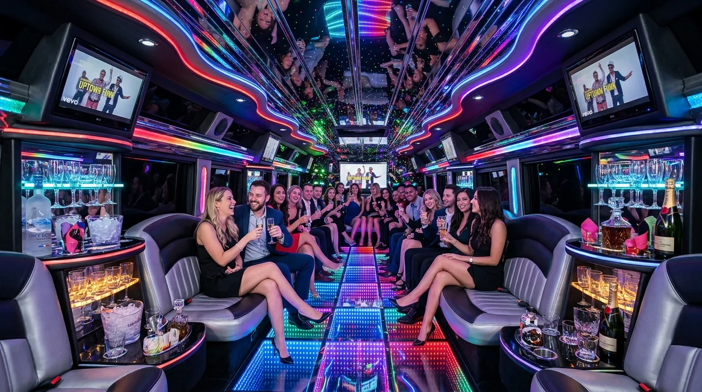 Hummer H2 super-stretch limousine interior featuring 3D infinity disco mirror dance floor, tiered neon leather lounge seating, and dual champagne bars