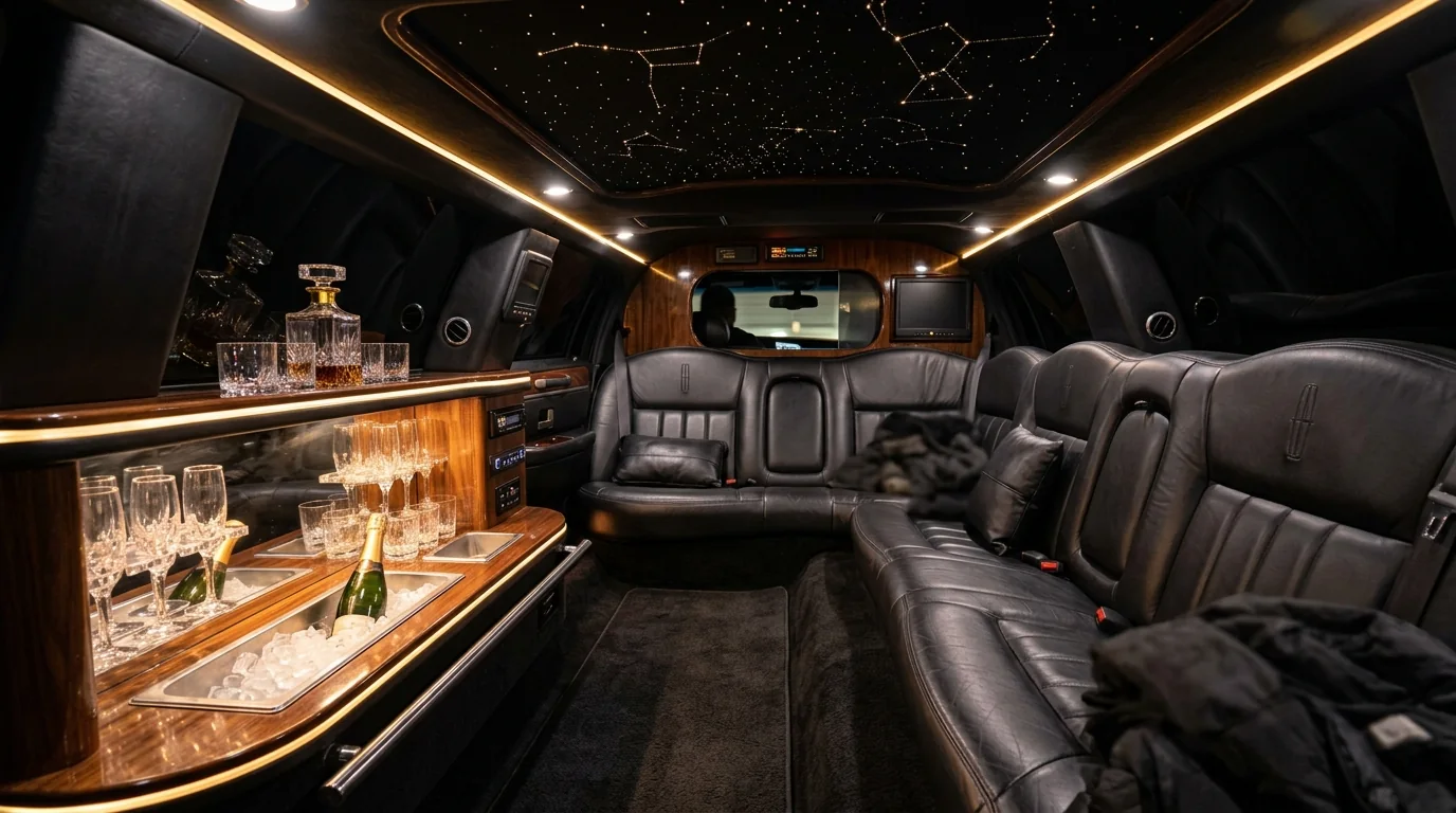 Extended 12-passenger stretch limousine interior cabin with full perimeter leather seating and crystal cocktail bar