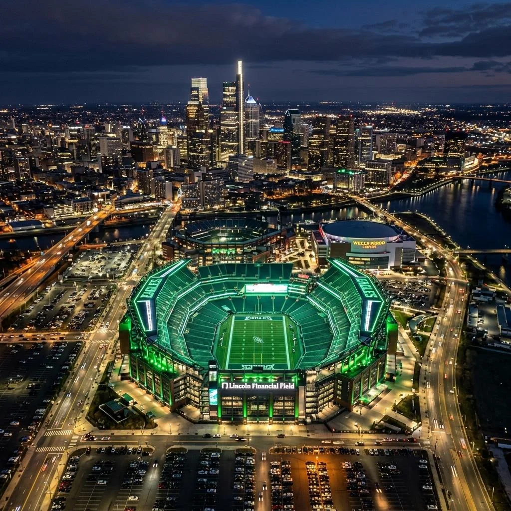 Wide aerial view of Lincoln Financial Field in Philadelphia illuminated with green and white lights at night