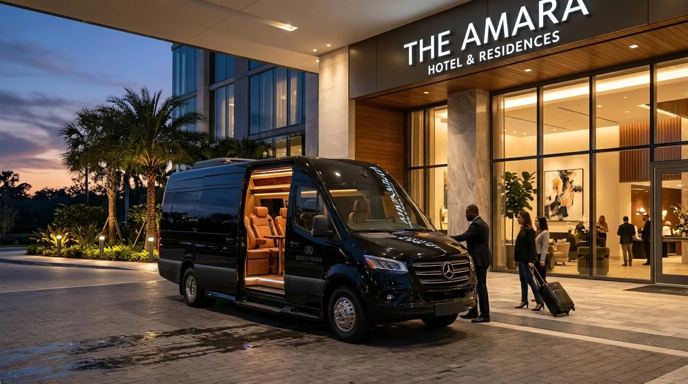 A modern luxury black executive minibus parked in front of a modern high-end hotel lobby