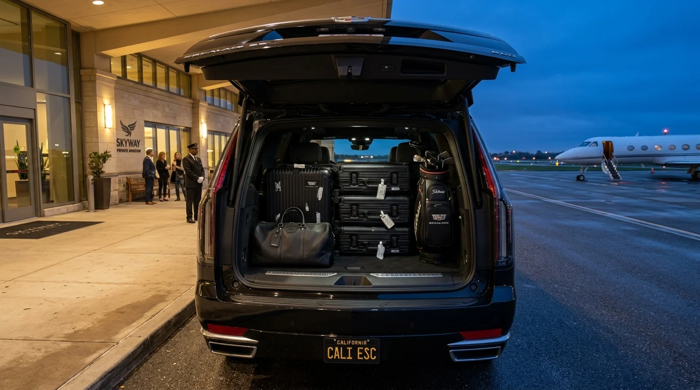 Open rear cargo trunk of luxury Cadillac Escalade ESV SUV packed with 6 large 28-inch suitcases and golf bags on airport tarmac