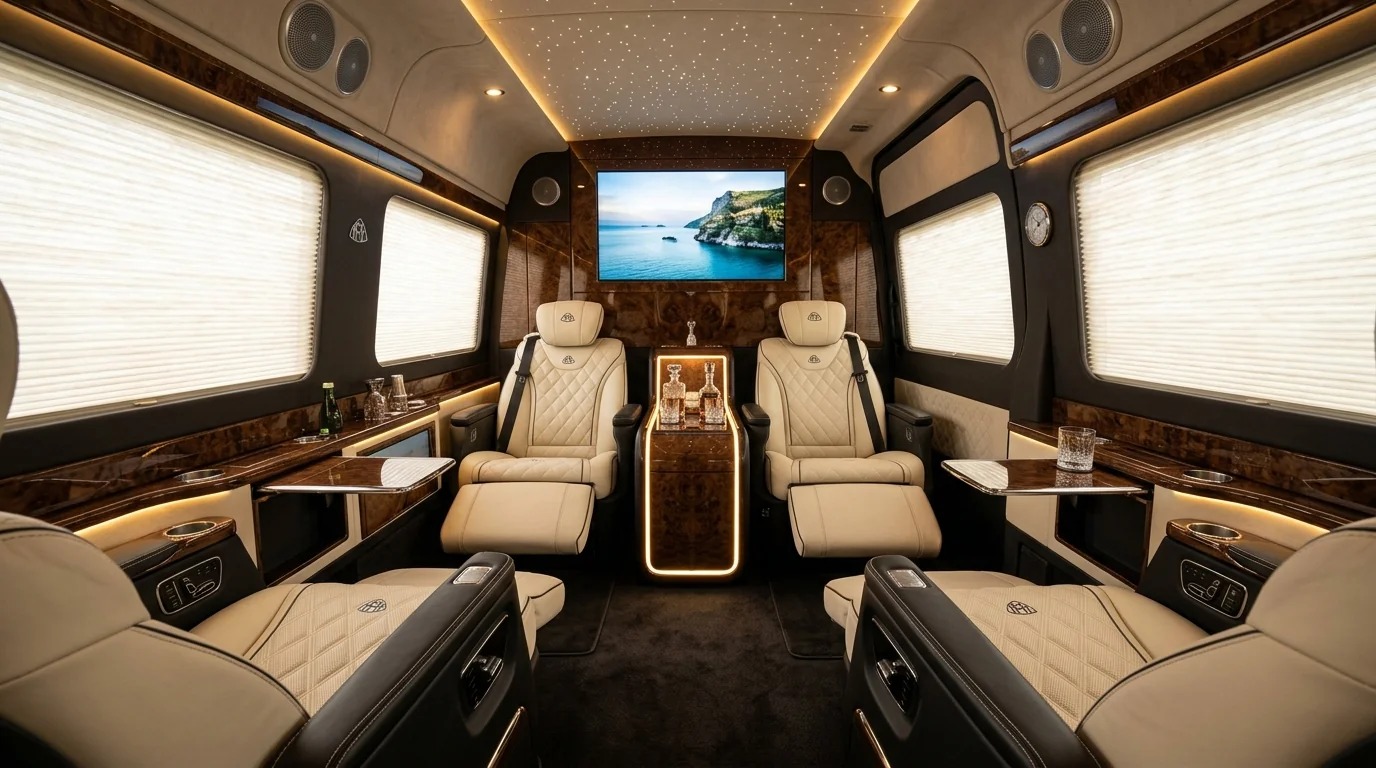 Maybach Jet Sprinter interior motorized smart privacy glass divider with 43-inch display screen and crystal cocktail bar