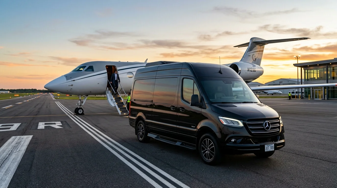 Mercedes-Benz Jet Sprinter van exterior plane-side on airport runway tarmac beside private jet