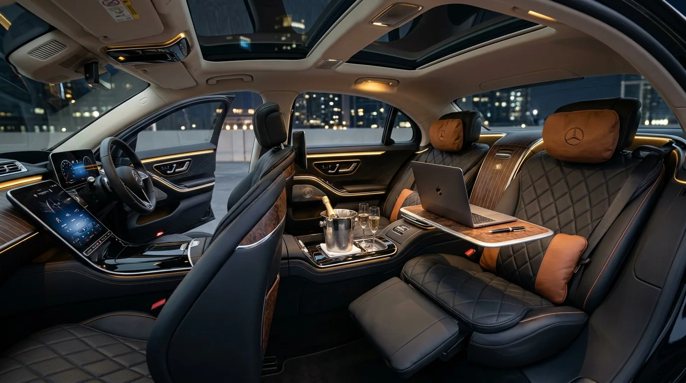 Mercedes-Benz S-Class ultra-luxury rear executive cabin with diamond-stitched Nappa leather reclining seats, footrest, and champagne service