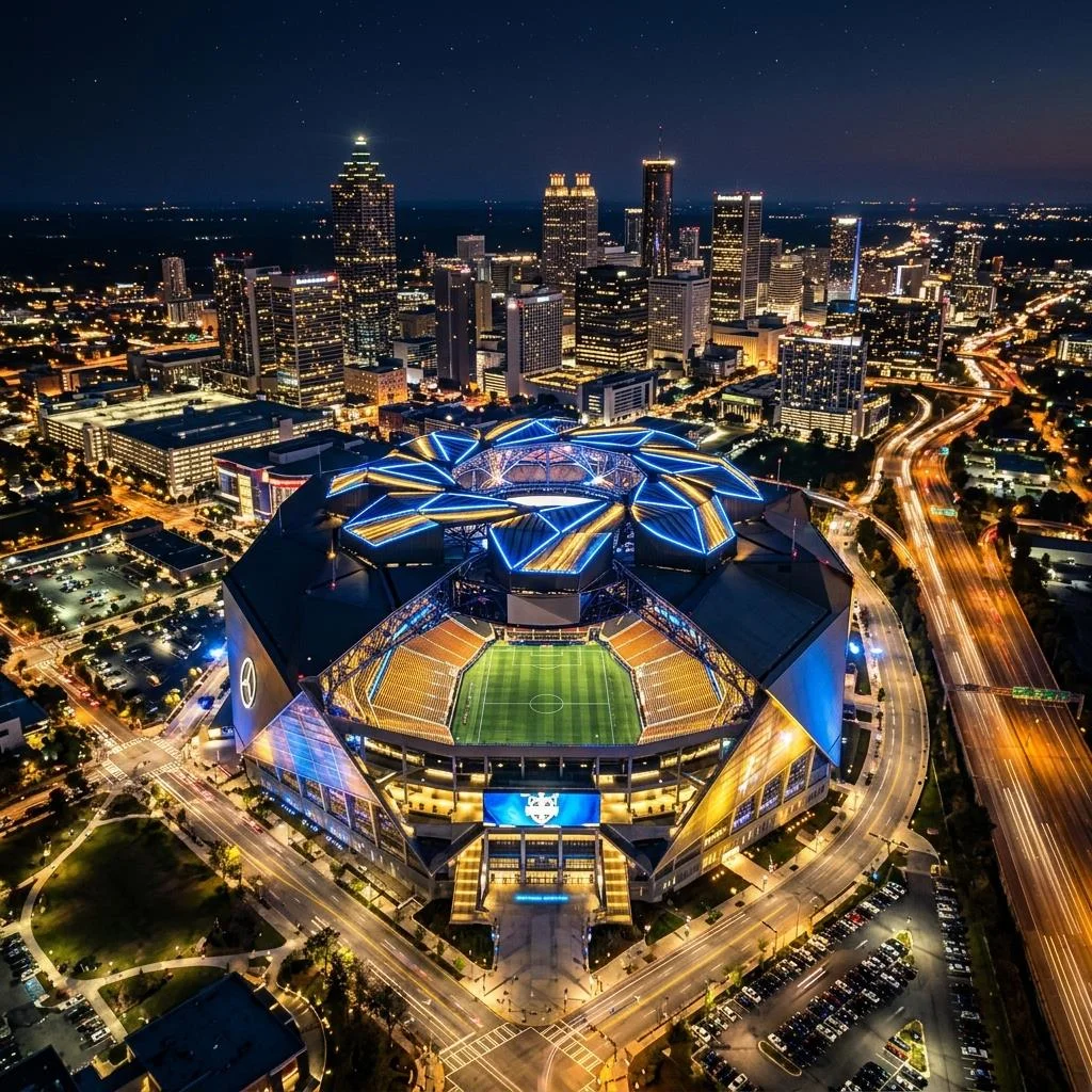Wide view of Mercedes-Benz Stadium in Atlanta illuminated with lights at night