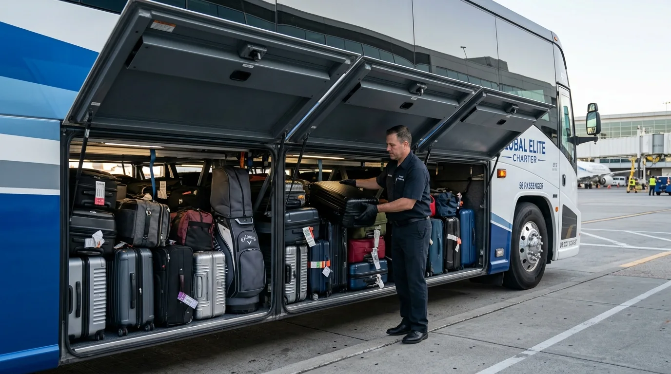 56-passenger commercial motor coach pass-through underbelly luggage bay filled with luggage, travel suitcases, and golf bags with chauffeur assistance
