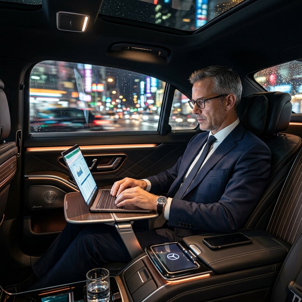 Executive looking out Mercedes S-Class window with laptop