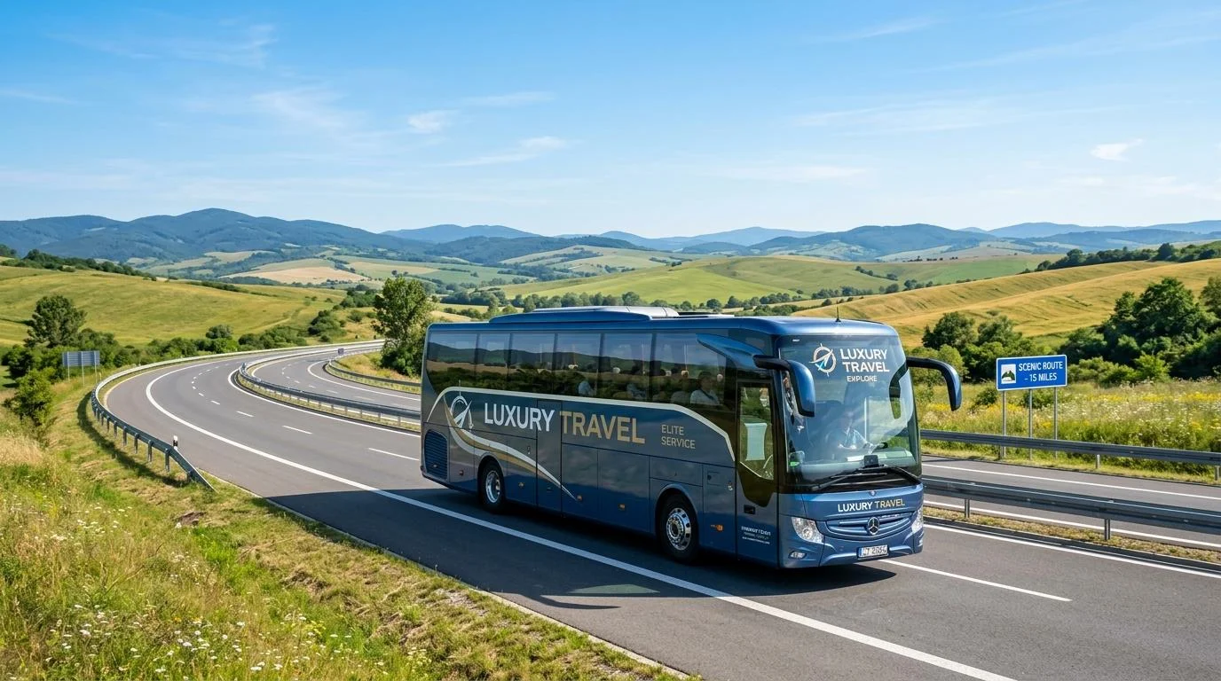 A modern luxury motor coach bus driving on a scenic open highway