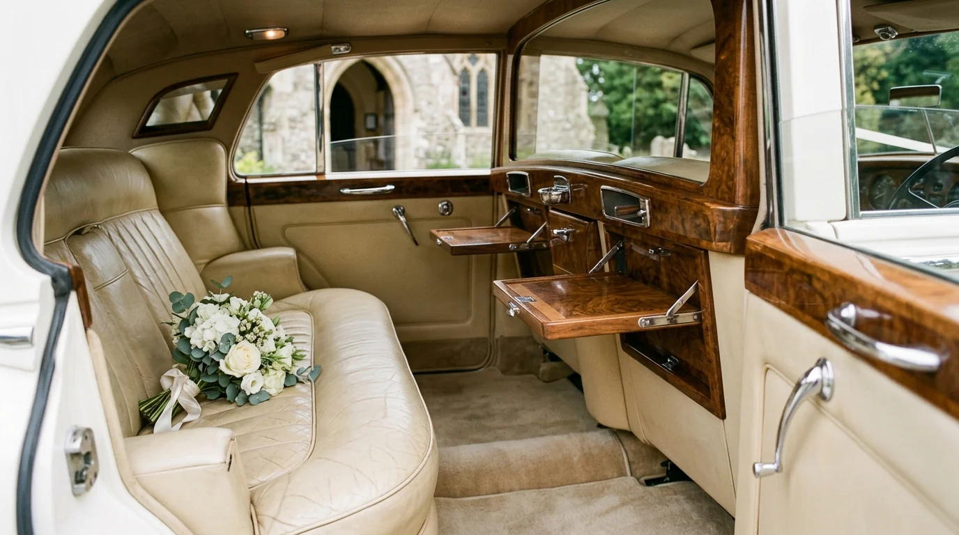 Vintage Rolls-Royce Silver Cloud interior cabin with handcrafted cream Connolly leather bench and burl walnut picnic tables