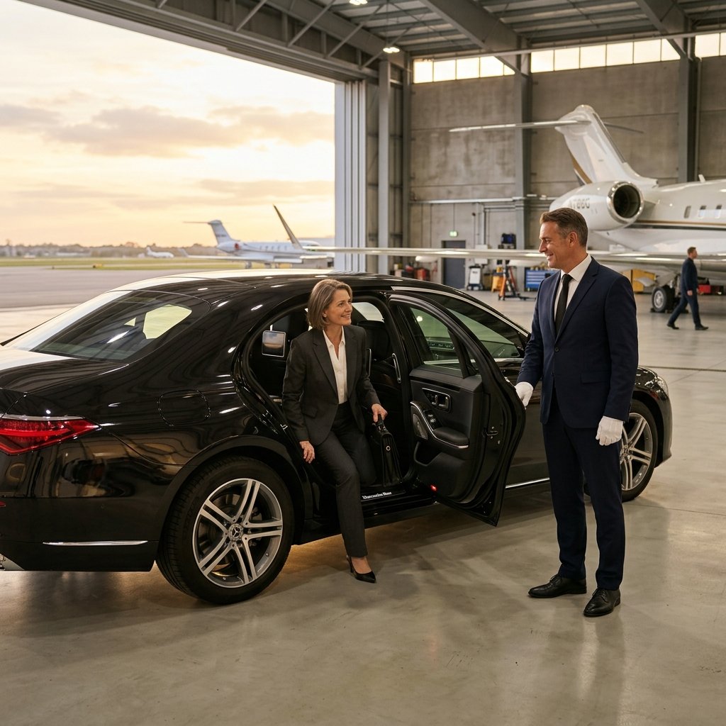 Corporate executive entering luxury black sedan with personal chauffeur