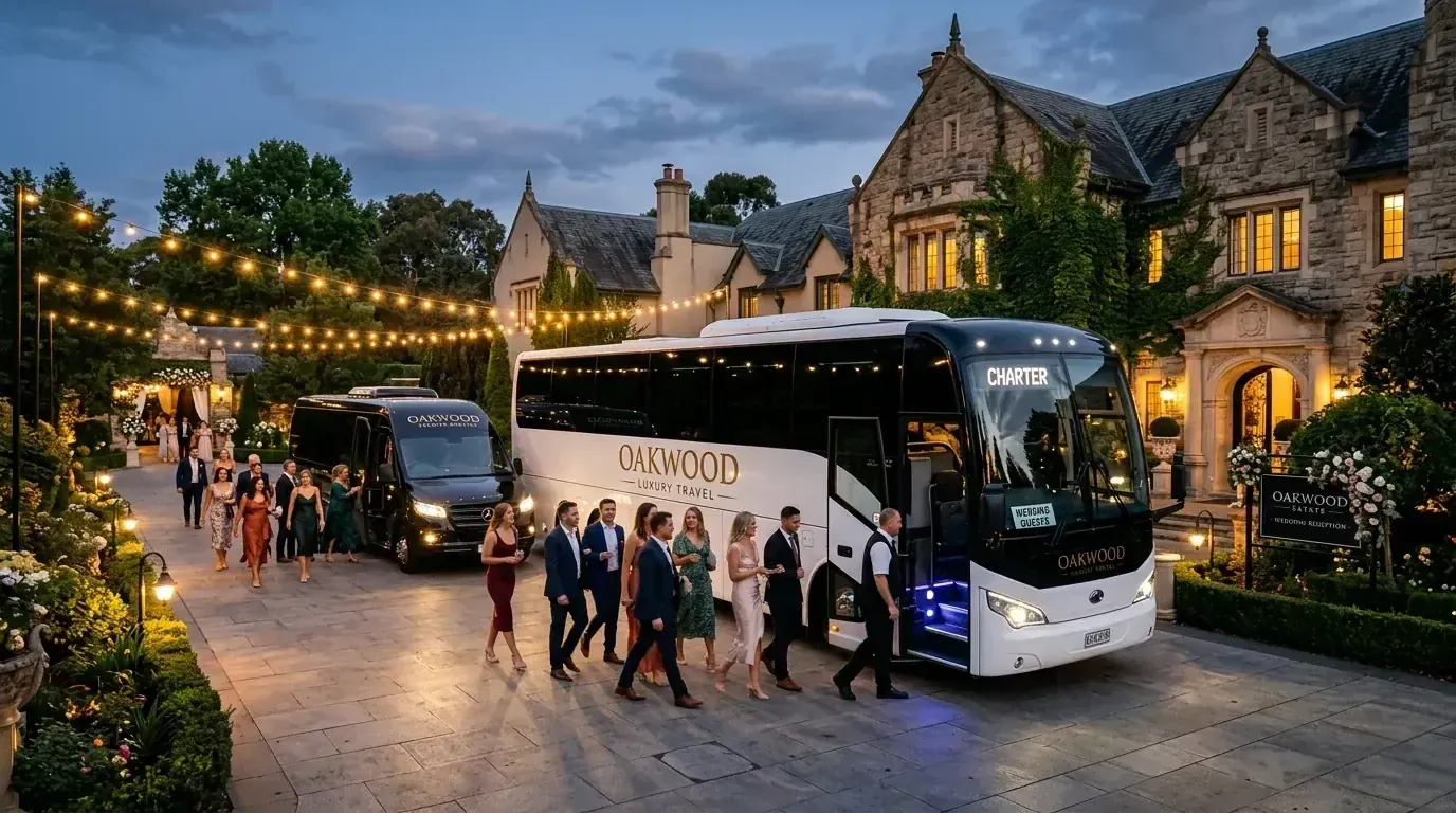 Wedding party boarding a luxury party bus outside a reception venue