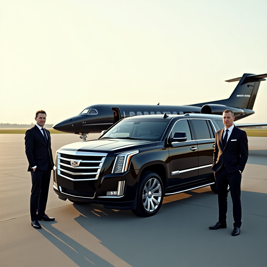 Black vehicle with tinted windows parked at FBO, driver waiting discreetly
