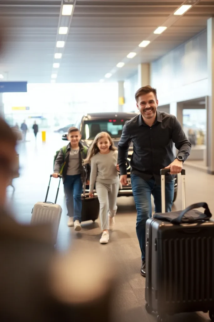 Happy family with luggage arriving at the airport, ready for their Royal Elite Limo black car airport transfer service.