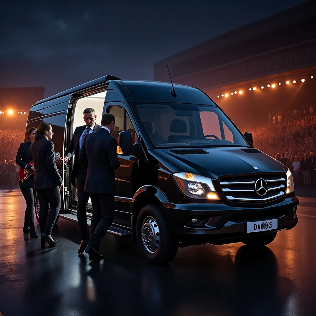 Royal Elite Limo black Mercedes-Benz Sprinter van at event
