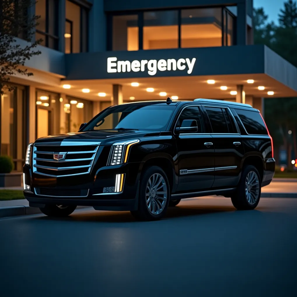 Royal Elite Limo black Cadillac Escalade ESV at emergency entrance