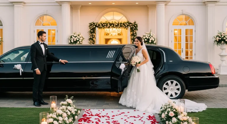limousine rental for wedding bride stepping out of limo