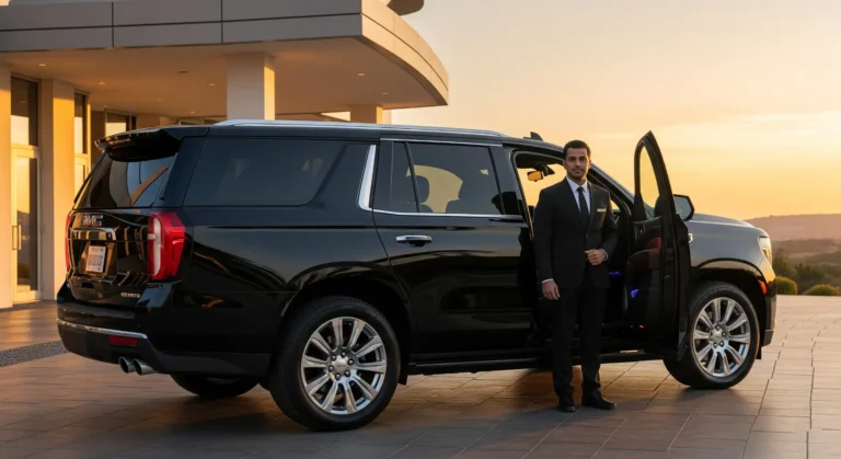 Luxury black truck rental with chauffeur in front of hotel