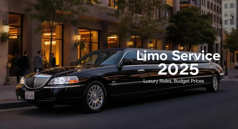 Black luxury sedan parked on city street promoting cheap limo service in 2025