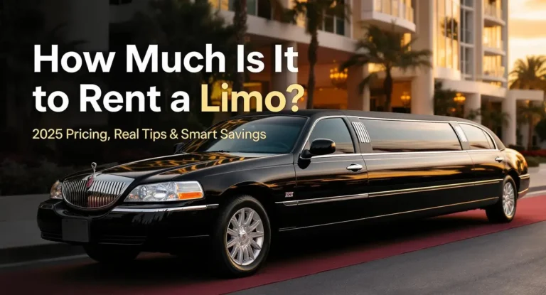 Luxury black stretch limousine at sunset with gold and white text overlay: How Much Is It to Rent a Limo in 2025