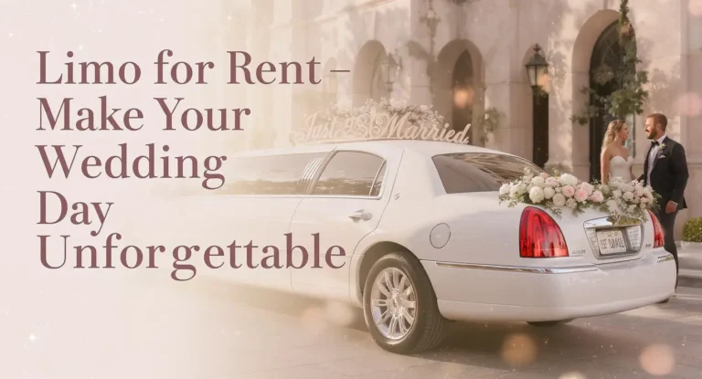 Bride and groom walking toward a white limo for rent wedding service with Just Married sign
