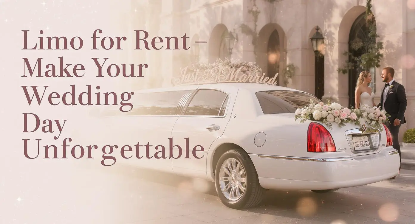 Bride and groom walking toward a white limo for rent wedding service with Just Married sign