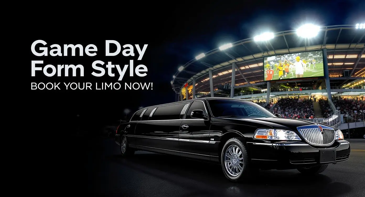 Sporting event limo service with luxury black limo at stadium and bold text “Game Day in Style – Book Now