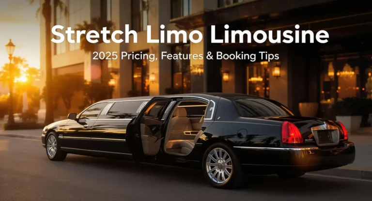 Luxury black stretch limo limousine parked at sunset with text overlay showing 2025 rental tips