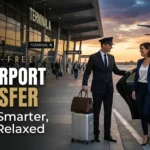 DC airport transfer luxury chauffeur service with airplane taking off at airport terminal