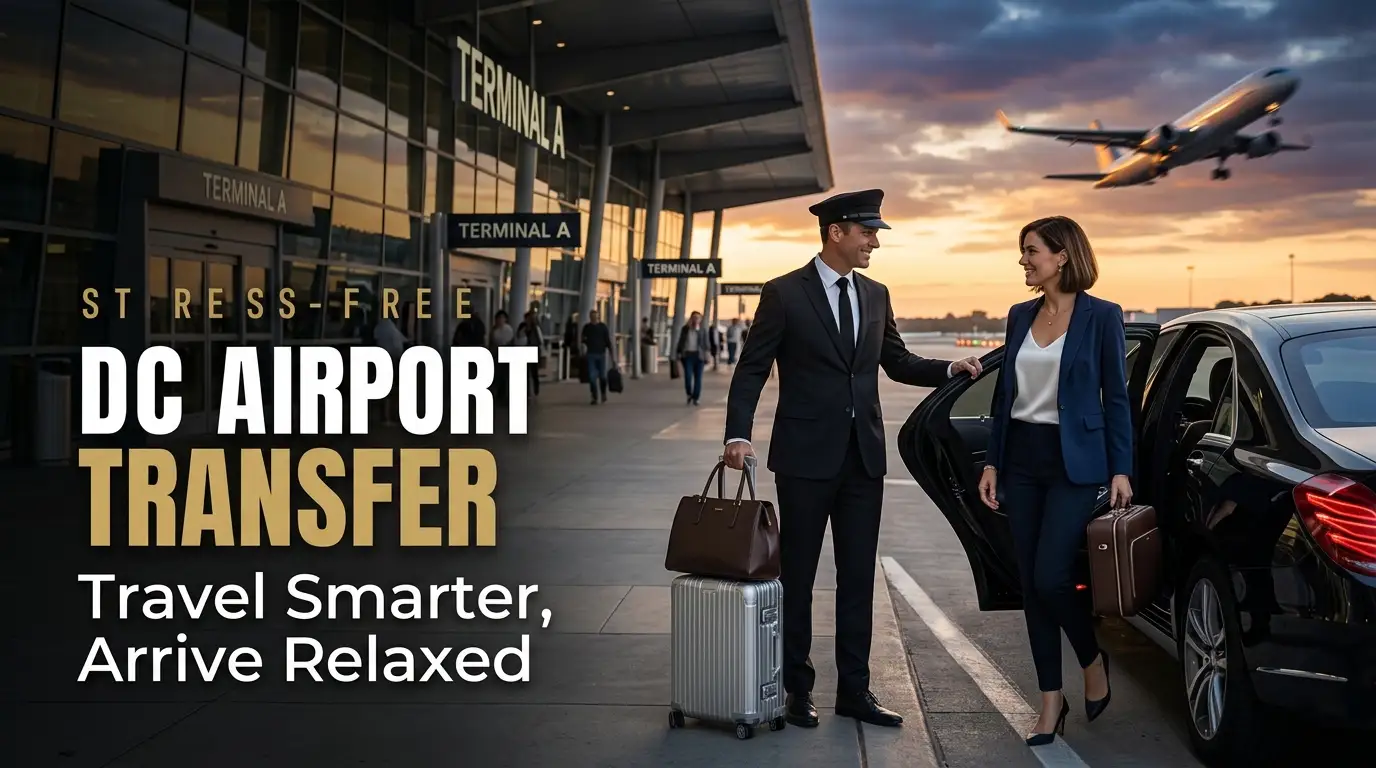 DC airport transfer luxury chauffeur service with airplane taking off at airport terminal